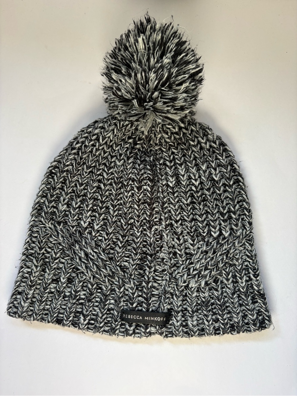 Rebecca Minkoff Beanie Hat Marled Knit Pom Pom Black White Logo Warm Preppy
